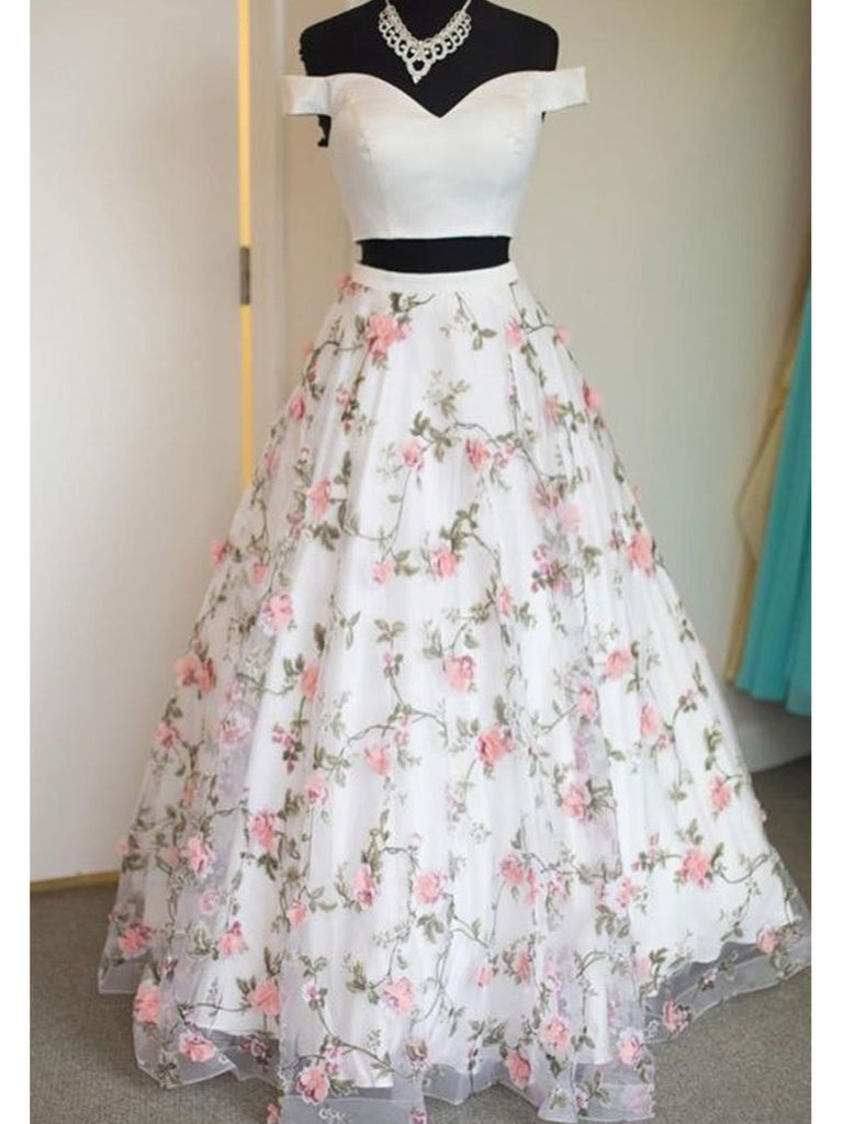 Off the Shoulder White Floral Prom ...